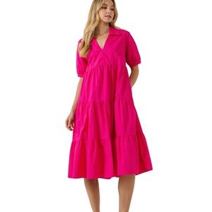 English Factory Tiered Puff Sleeve Midi Dress in Fuchsia Women's Small